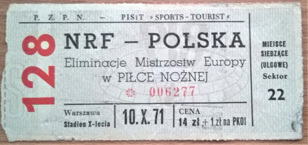 Oryginalny bilet z meczu NRF-Polska  z 1971 roku