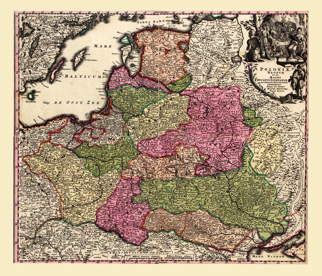 KRÓLESTWO POLSKIE EFEKTOWNA MAPA 1728 r. 60x51cm