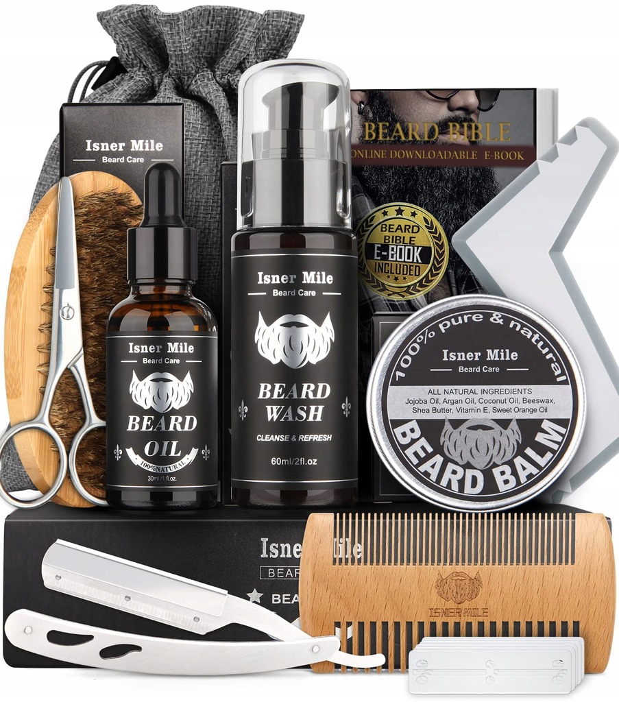 Zestaw Do pielęgnacji Brody ISNER MILE BEARD KIT Pure&Natural 9 sztuk