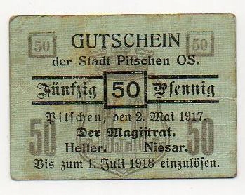 BYCZYNA Pitschen OS. Stadt 50 Pfg 1917