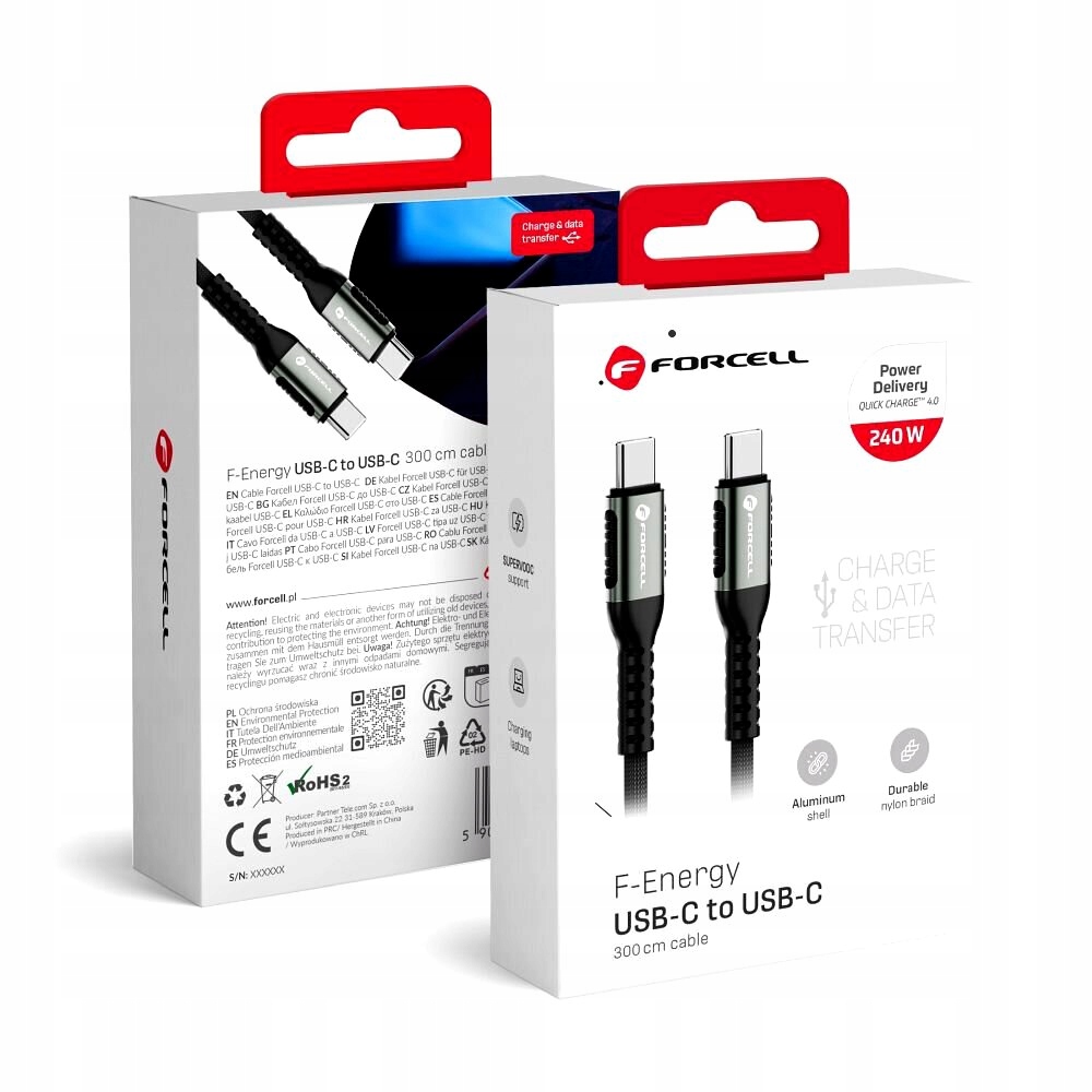 FORCELL kabel szbko ładujący USB-C - USB-C QC4.0 PD 5A 240W 3m czarny