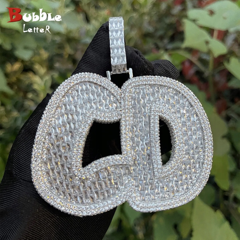 Bubble Letter Big Baguette Custom Name Necklace for Men Iced Out Charms