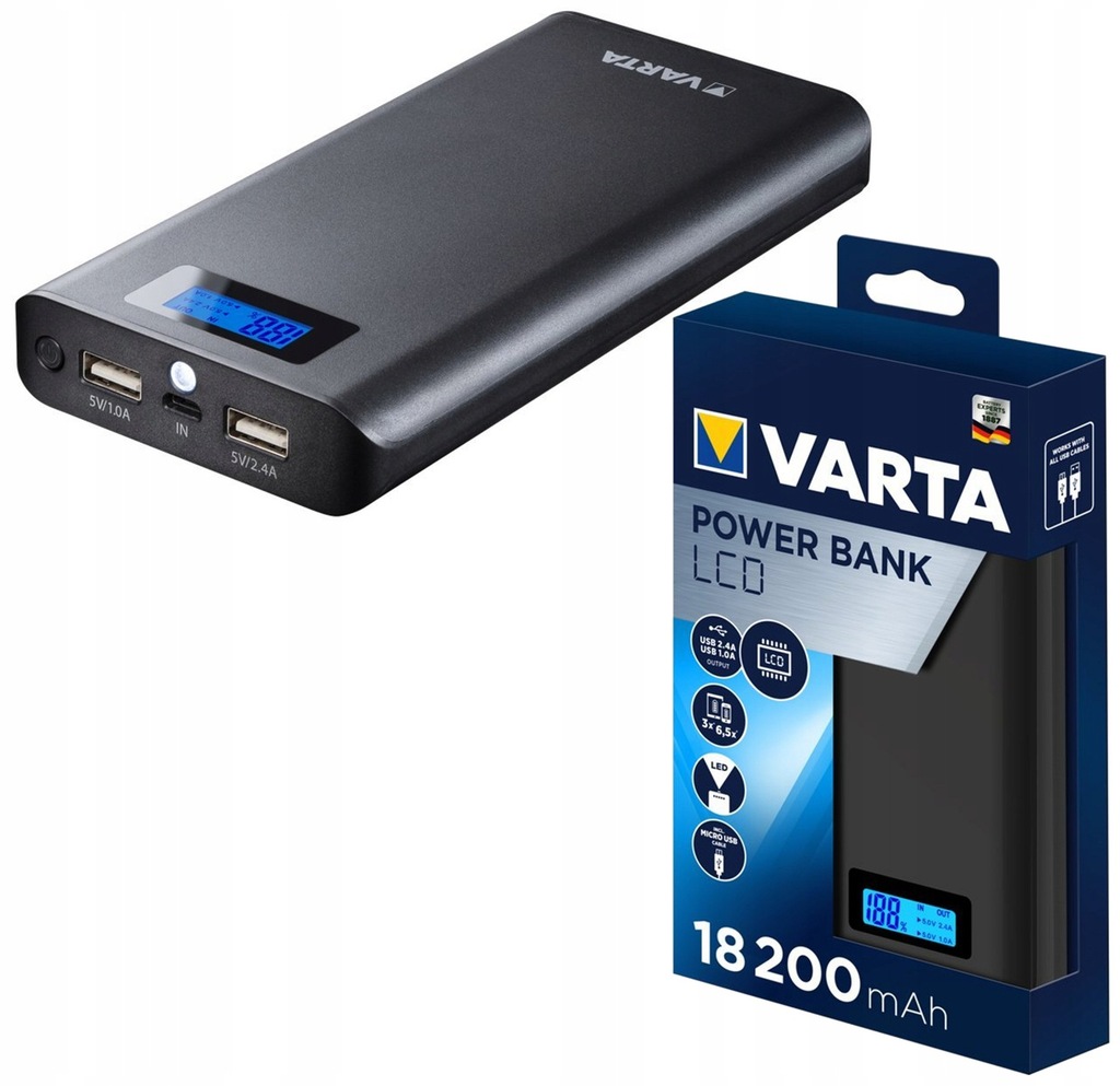 Power bank ładowarka VARTA 18200 mAh LCD 2xUSB 5V