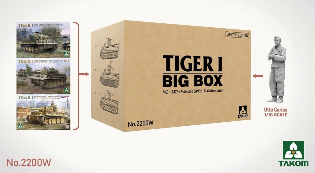 Takom 2200W Tiger I Big Box - Mid, Late, Mid/Otto Carius And 1/16