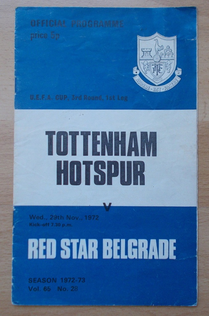 Tottenham Hotspur v Red Star Belgrade 1973 program
