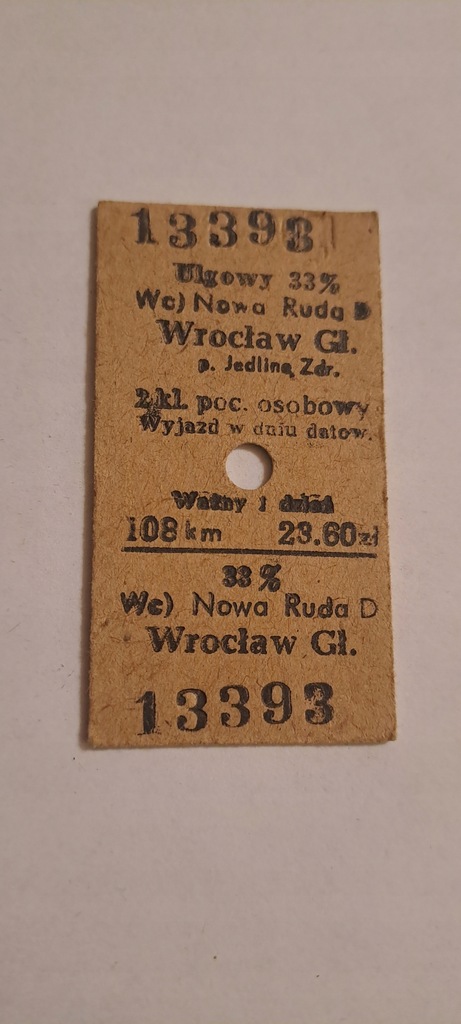 BILET KARTONIKOWY KOLEJOWY PKP NOWA RUDA - WROCŁAW / JEDLINA ZDRÓJ PRL