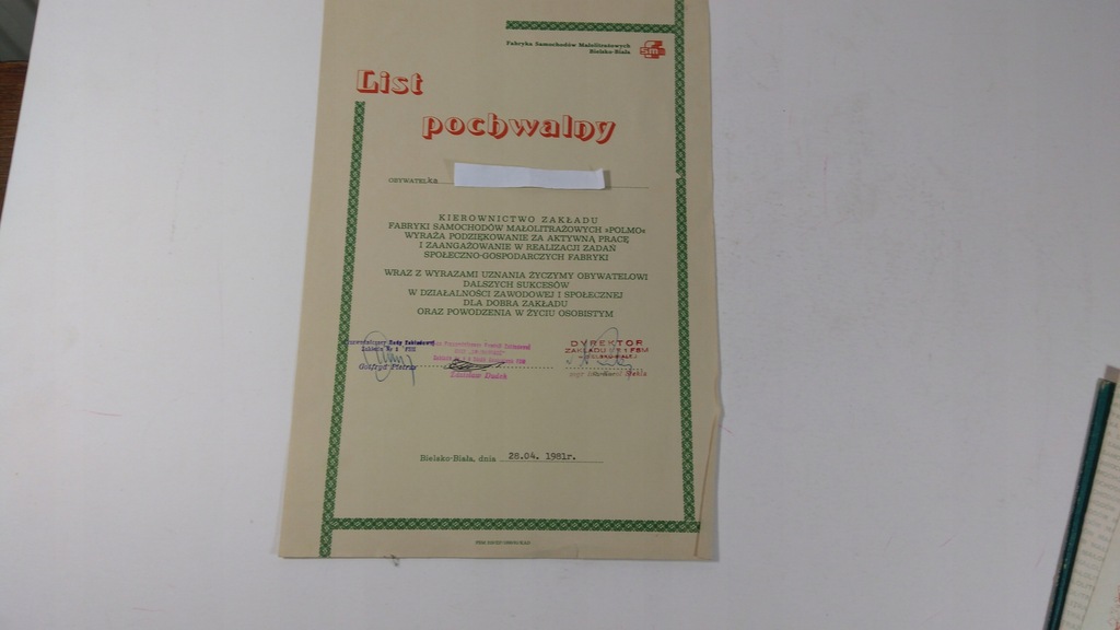 FSM Bielsko- Biała 1981, list pochwalny