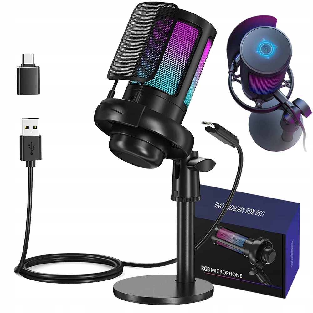 MIKROFON DO KOMPUTERA GAMINGOWY RGB POJEMNOŚCIOWY USB STUDYJNY