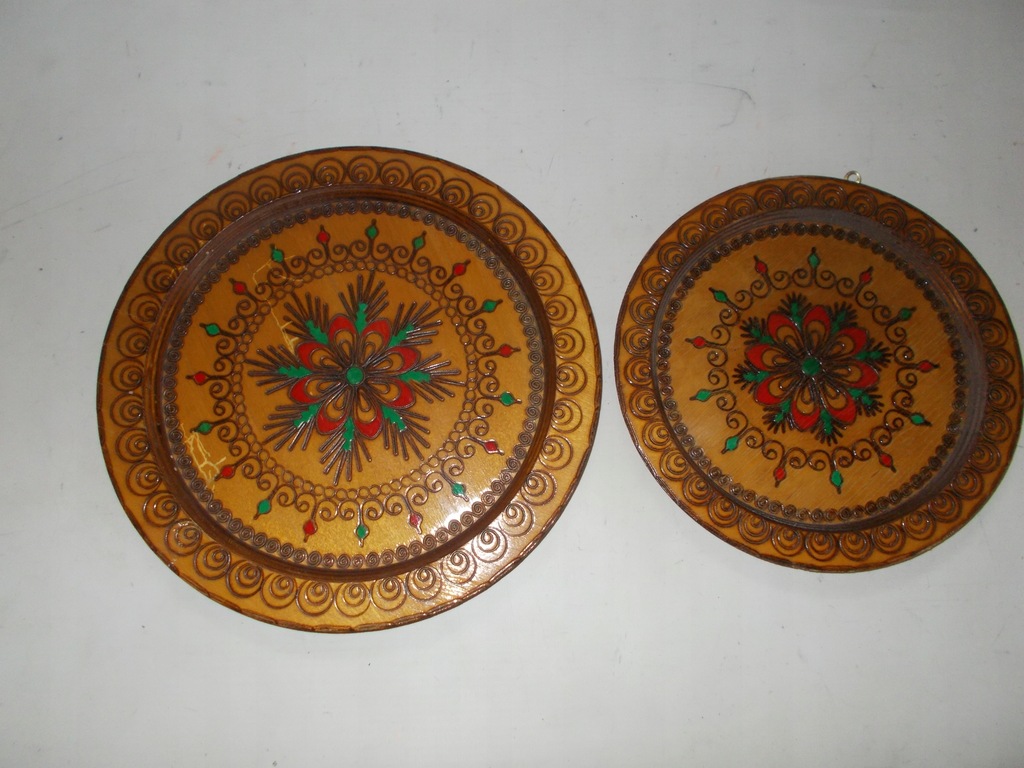 Talerz drewniany x 2 LUDOWY GÓRALSKI CEPELIA 24,5cm i 20cm DWIE SZTUKI PRL