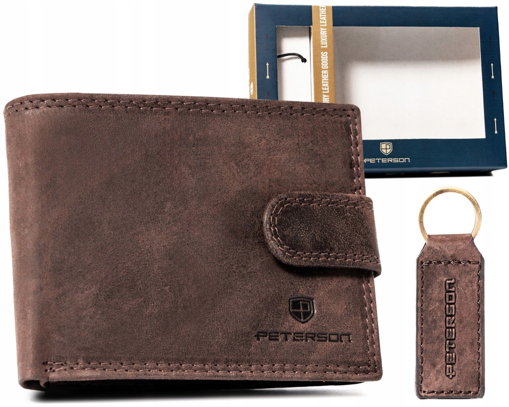 PETERSON portfel męski skórzany na prezent z brelokiem na klucze
