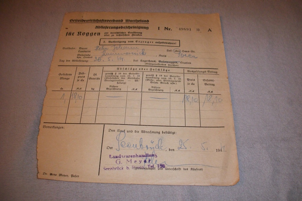 Stęszew Seenbrück Komorniki Kummernick Poznań Posen 1944 stary dokument