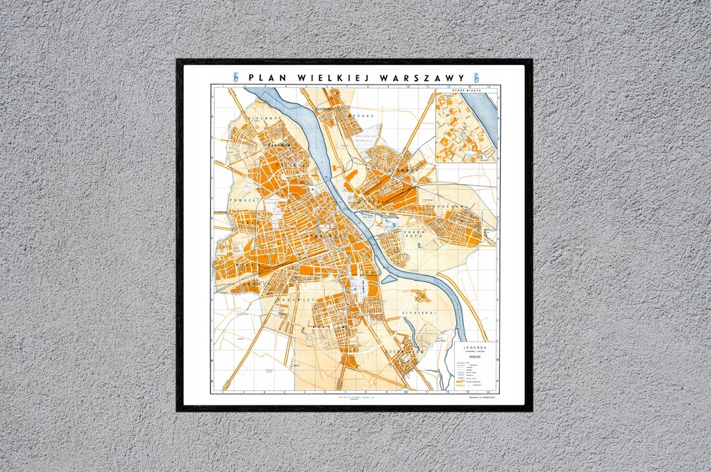 WARSZAWA plan miasta stara mapa ścienna 1939 60x60