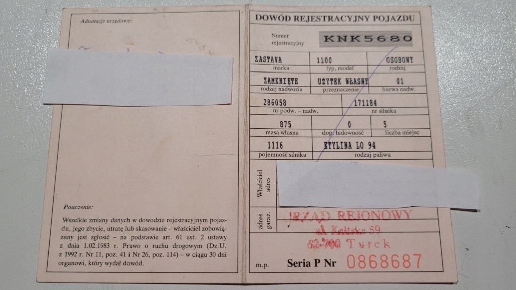 DOWÓD KOLEKCJONERSKI ZASTAVA 1100 1978