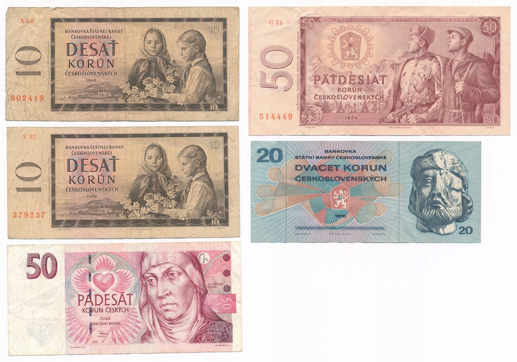 Czechosłowacja, 10-50 koron 1960-1997, Zestaw 5 sztuk