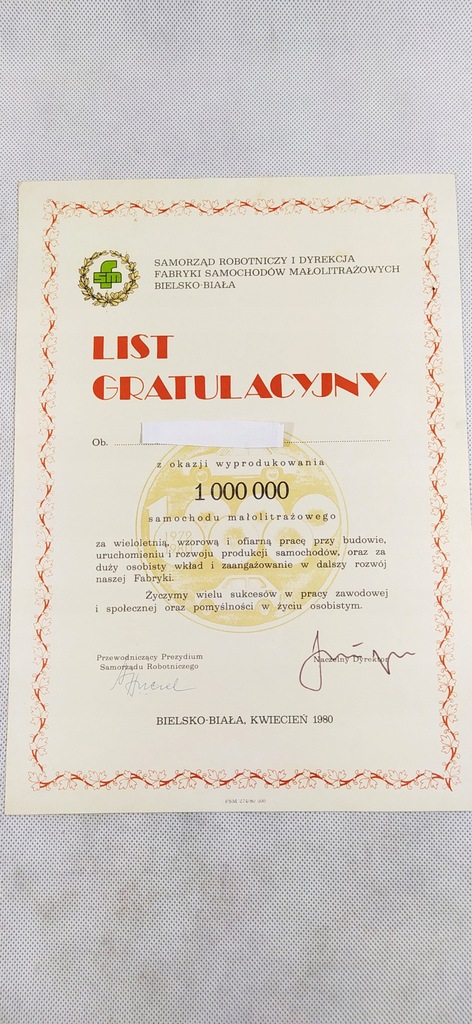 FSM- List gratulacyjny, 1000000 samochód 1980