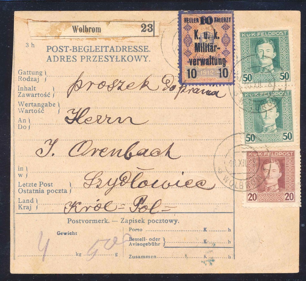 1918 PROWIZORIUM, adres przesyłkowy WOLBROM.