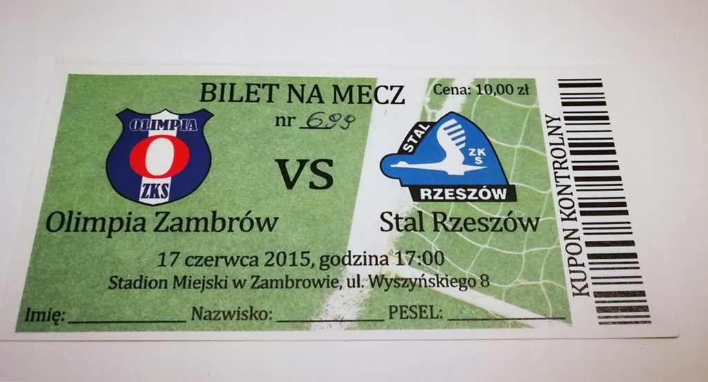 bilet OLIMPIA Zambrów - STAL Rzeszów 17.06.2015