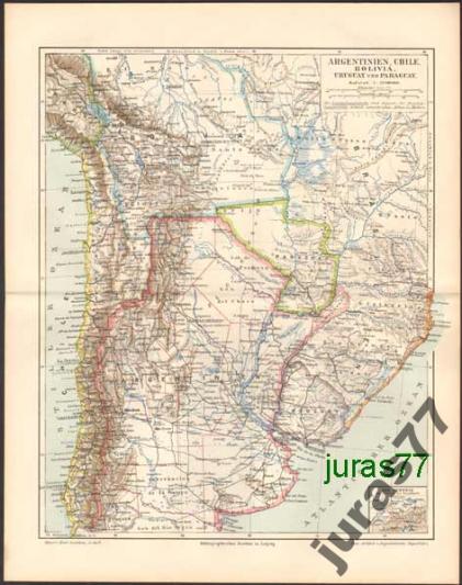 ARGENTYNA, CHILE, BILIWIA, URUGWAJ mapa z 1897 r