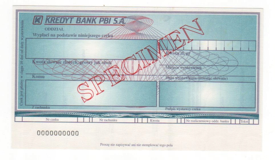 czek specimen Kredyt Bank PBI SA KBPBI1