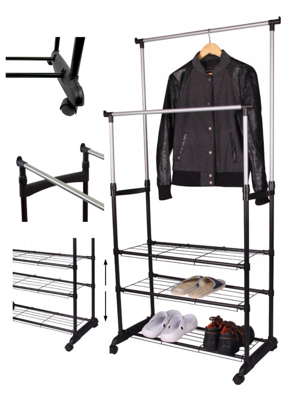 STOJAK WIESZAK NA UBRANIA NA KÓŁKACH PODWÓJNY 3P