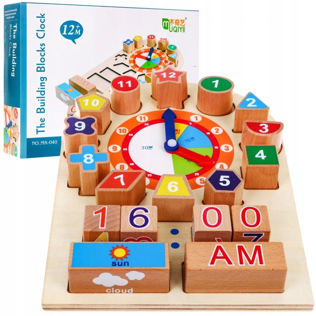 Drewniana plansza edukacyjna Zegar dla dzieci 12m+ Nauka czytania czasu i p