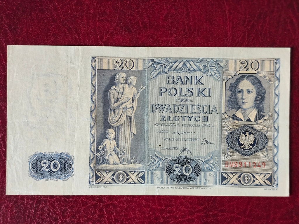 20 złotych 1936 rok Seria DM 9911249 . Polecam - Bardzo ładny