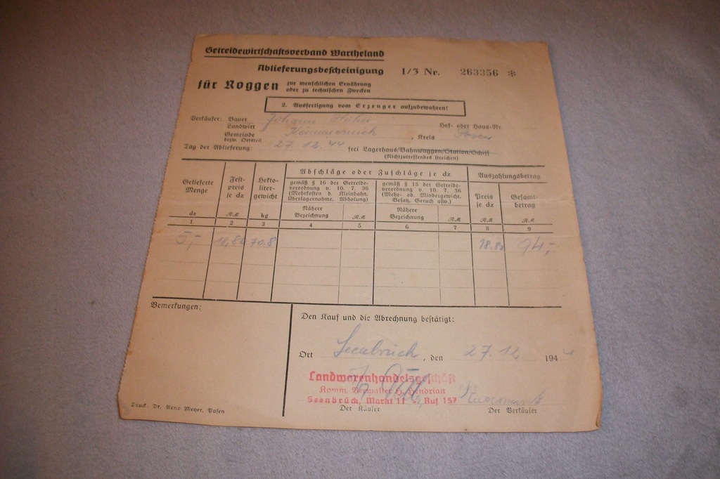 Stęszew Seenbrück Komorniki Kummernick Poznań Posen 1944 stary dokument #