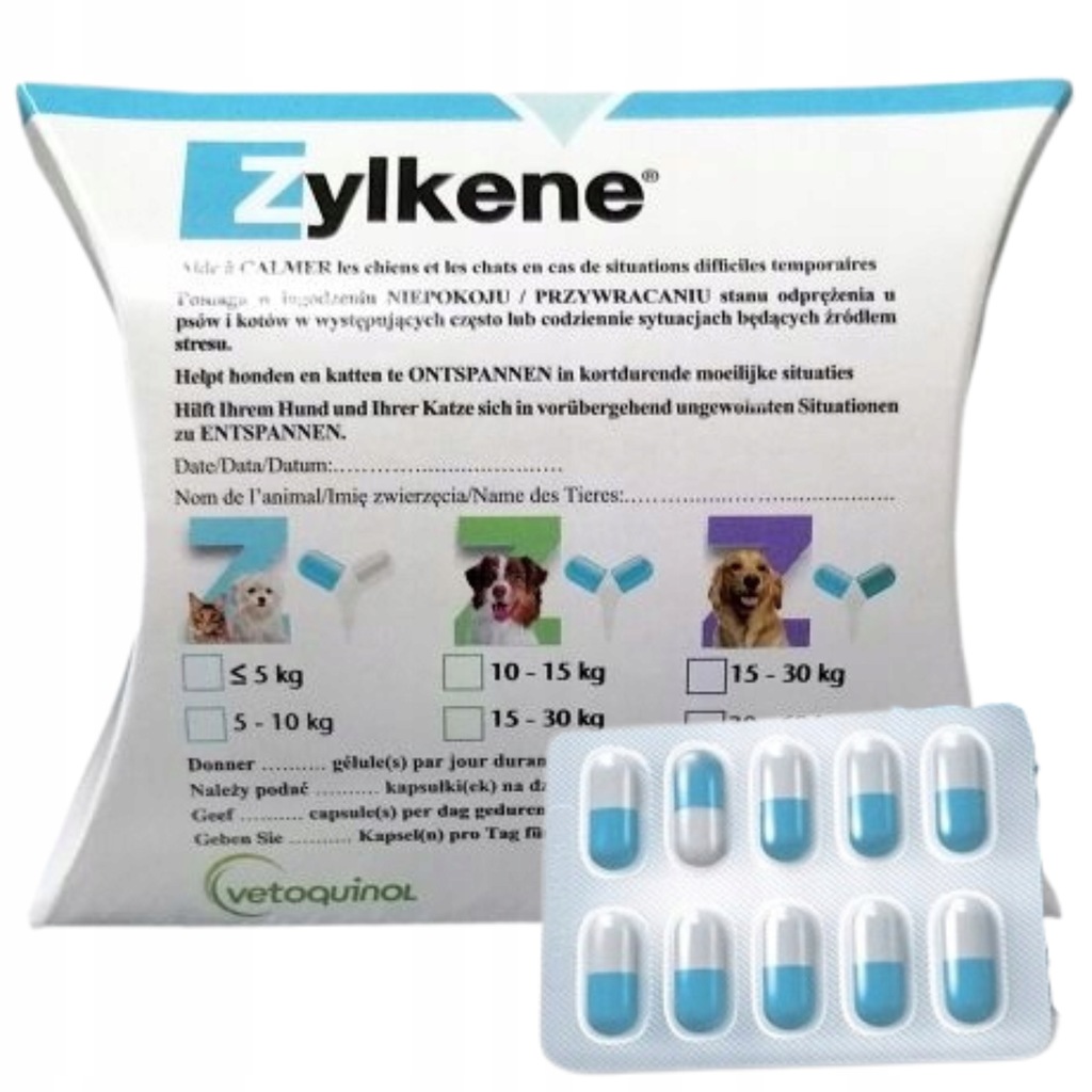 Suplement Na Uspokojenie Vetoquinol Zylkene Dla Kotów Psów 10kg 75mg 10szt