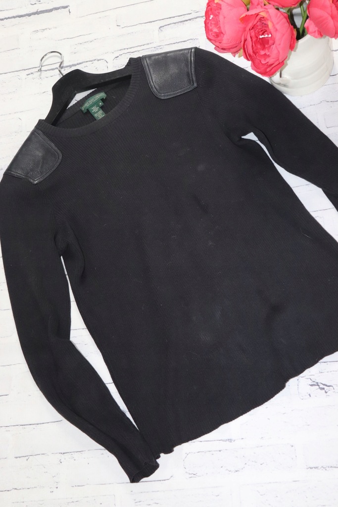 RALPH LAUREN * czarny longsleeve ze skórą M