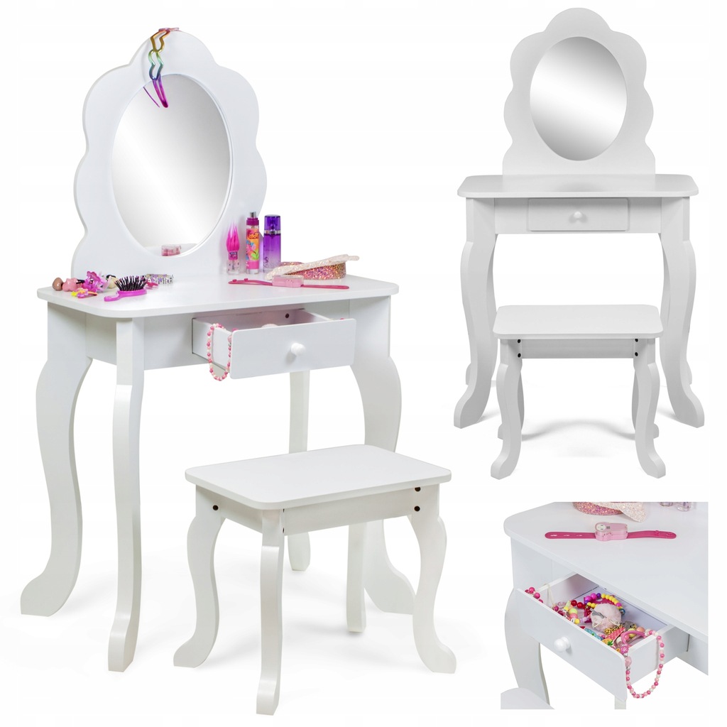 DREWNIANA TOALETKA dla dziewczynki, LUSTRO taboret - 9217983824
