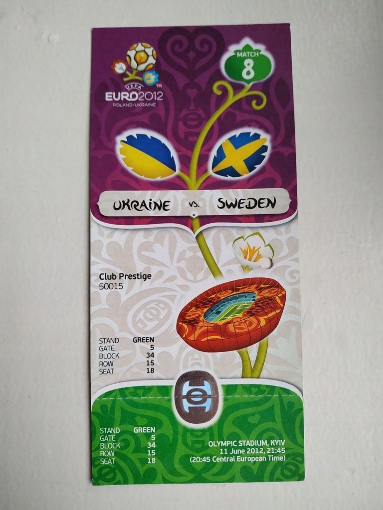 Bilet UEFA EURO 2012 mecz 8 Ukraina Szwecja Kijów