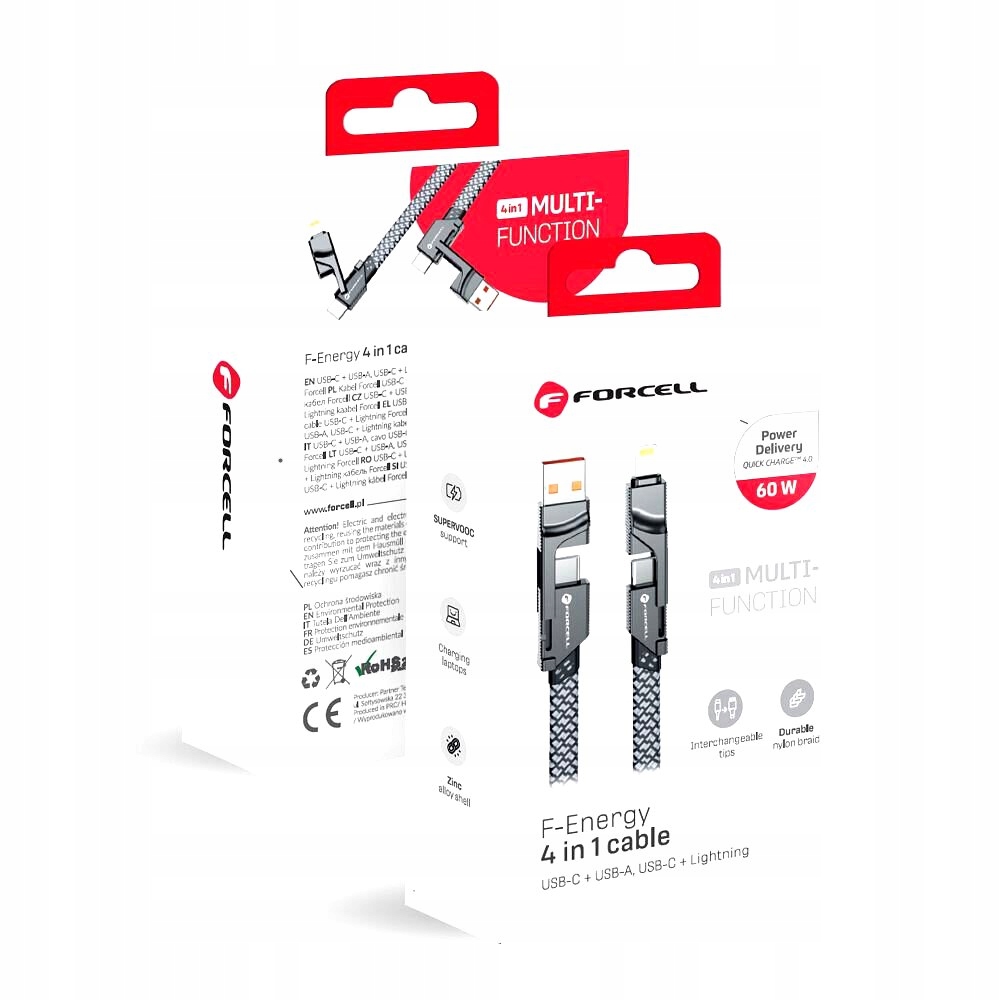 FORCELL 4w1 kabel USB-C / USB A do Typ C / Lightning QC PD 3A 60W 1 m chrom