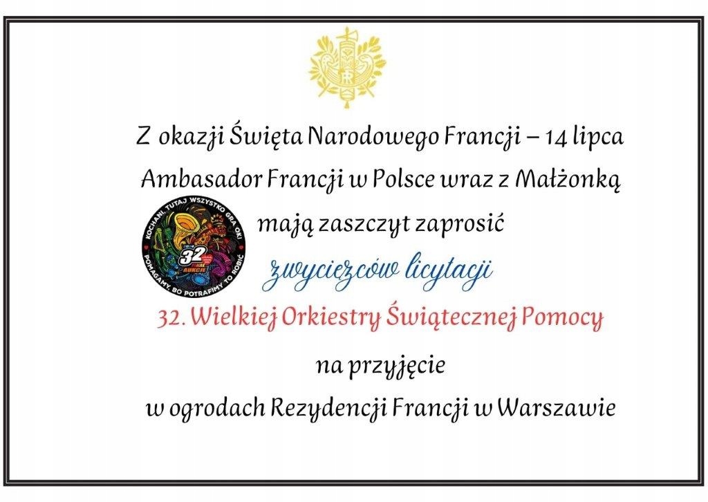 Ambasada Francji: Zaproszenie na przyjęcie z okazji Święta Narodowego