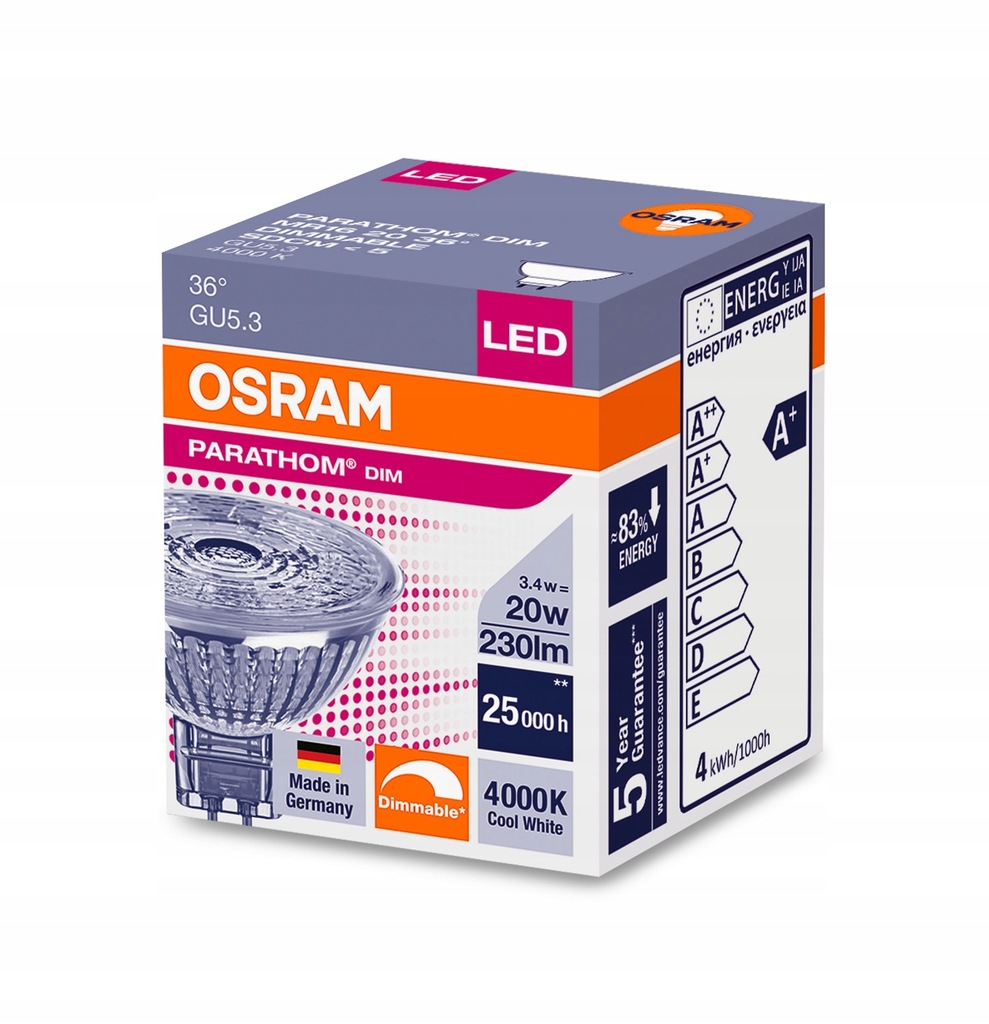 OSRAM LED MR16 3.4W=20W 4000 12V GU5.3 ściemniana