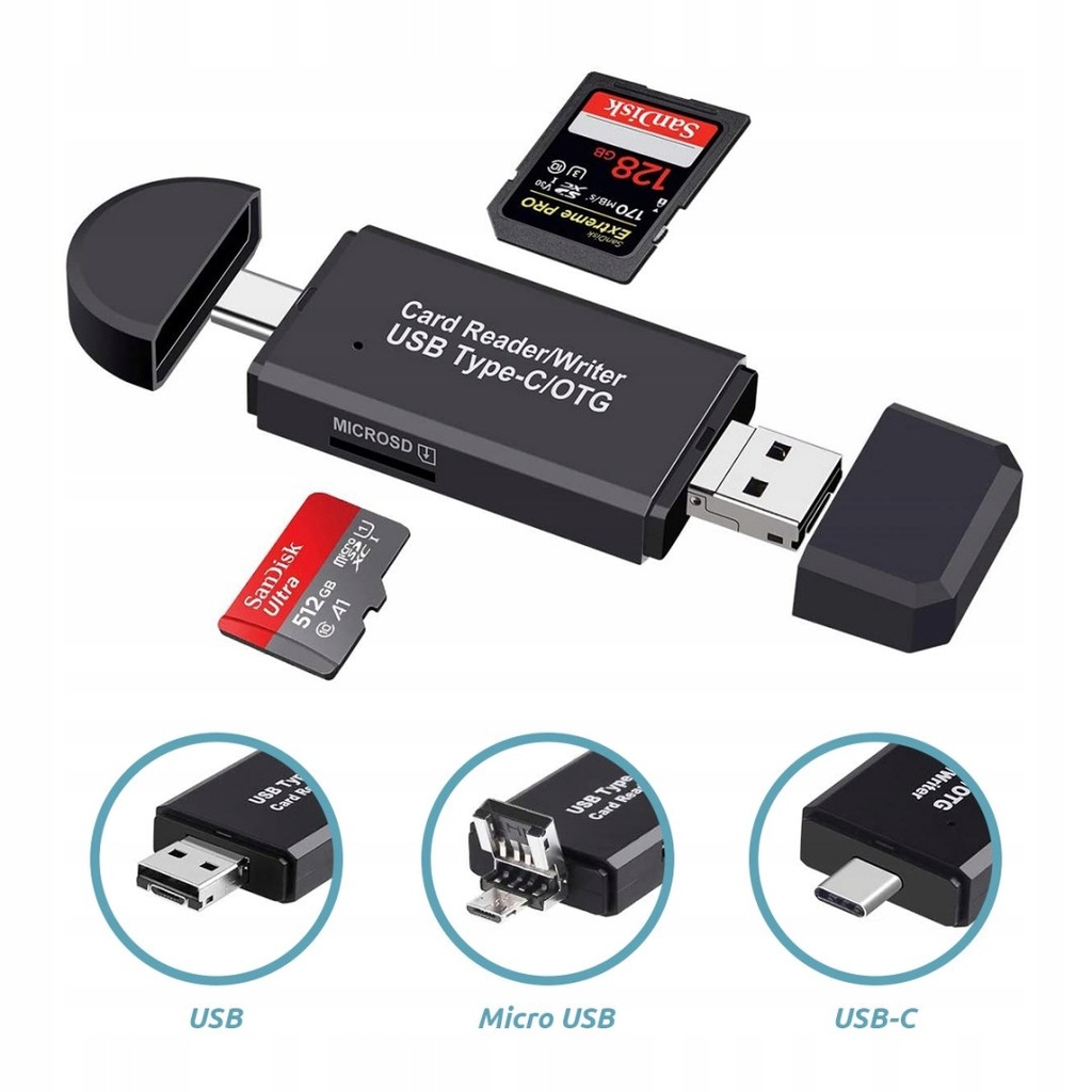 Czytnik kart 3 w 1 SD Micro USB, USB-C SPU-CR02