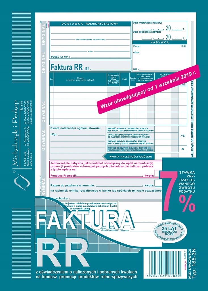 Druk faktura A5 VAT RR dla rolników A5 typ 185-3N
