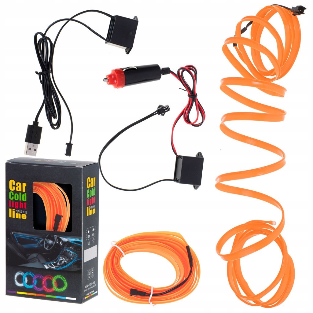 Oświetlenie ambientowe LED do samochodu / auta USB / 12V taśma 5m pomarańcz