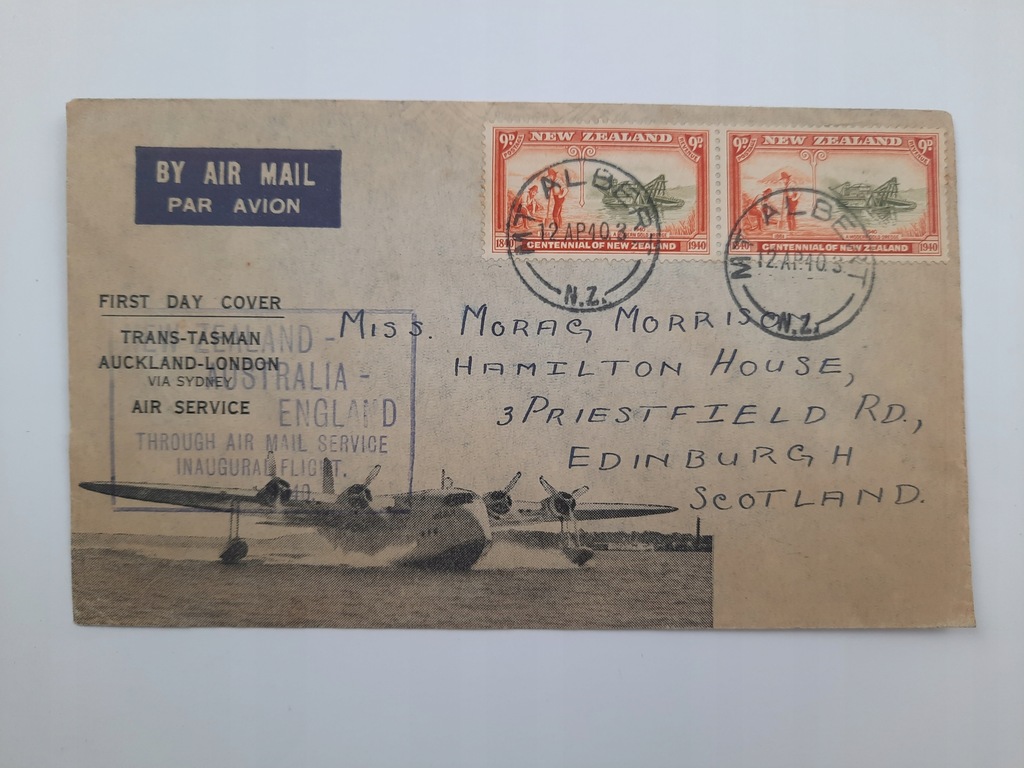 Poczta Lotnicza Auckland London Edinburgh 1940