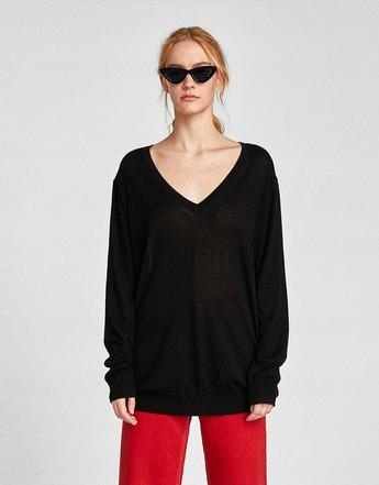 ZARA__XDO CZARNY LUŹNY SWETER DAMSKI V- NECK__L