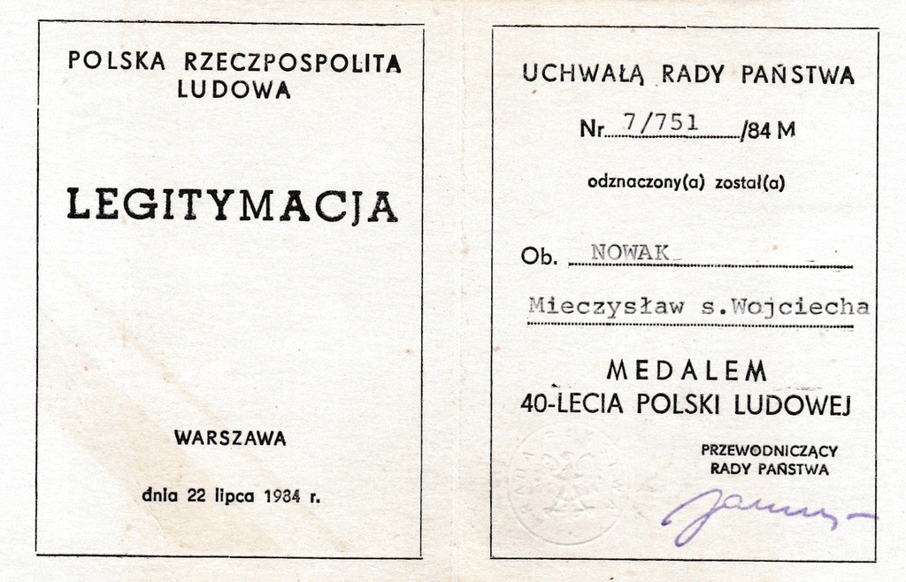 Legitymacja Medalu 40 lecia PRL