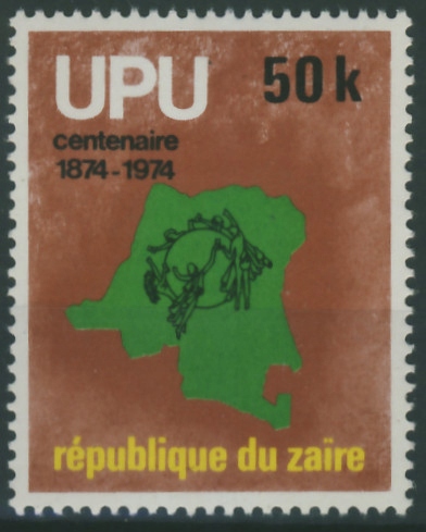 Zaire Rep. 50 K. - 1874 - 1974 UPU , mapa