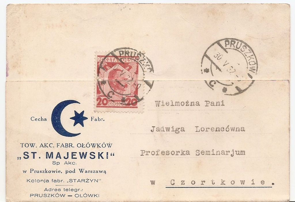 PRUSZKÓW -FABRYKA OŁÓWKÓW "ST.MAJEWSKI" -karta -1932 rok -korespondencja