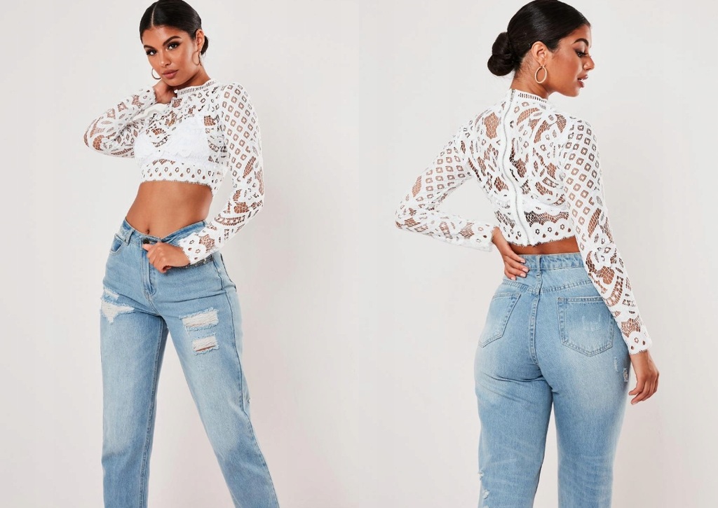 MISSGUIDED KORONKOWY CROP TOP DŁUGI RĘKAW M