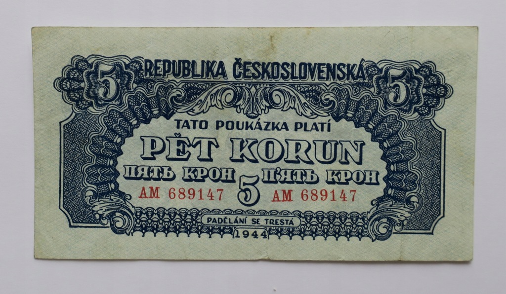 Czechosłowacja, 5 koron 1944, st. 3+, bardzo ładny