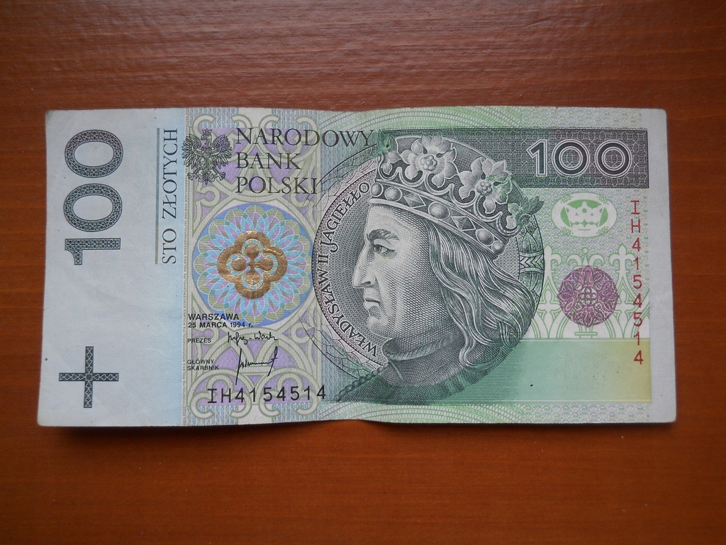 Banknot 100 zł - numer 4154514 lustrzane odbicie