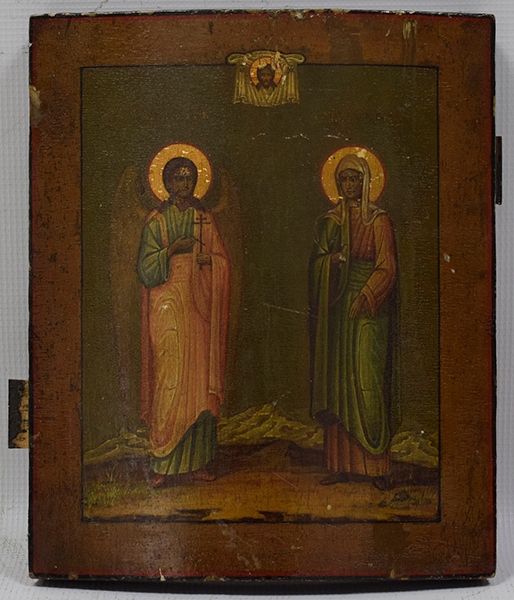 Stara ikona Archanioł ze Świętymi Sceny Religijne 27x22cm