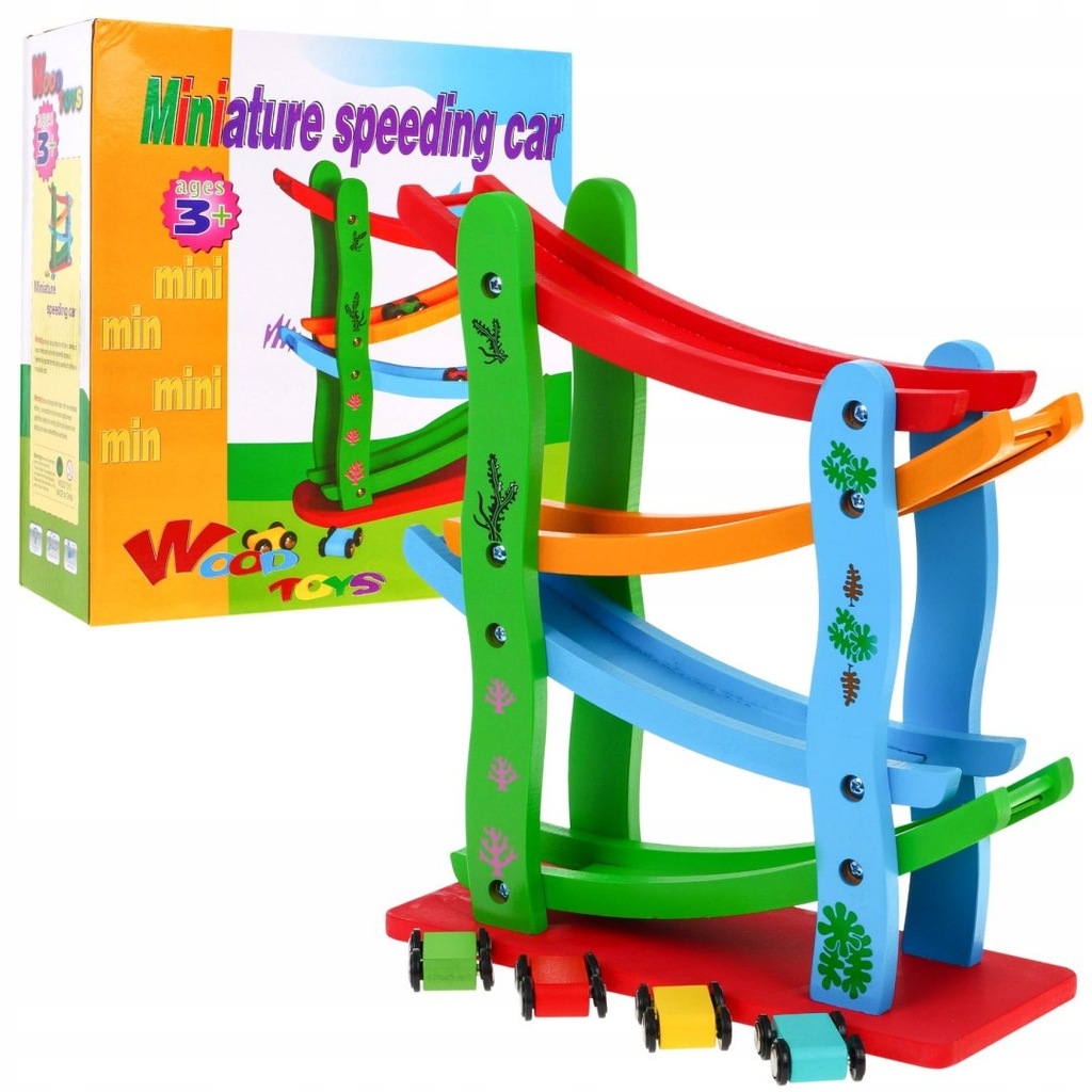 Drewniana tor dla autek dla dzieci 3+ Kolorowa zjeżdżalnia 4 piętra, , ZDR.