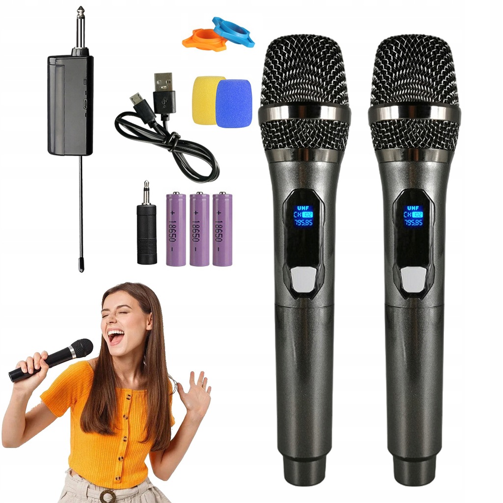 Dwa mikrofony bezprzewodowe karaoke 50m 3x Baterie Akcesoria