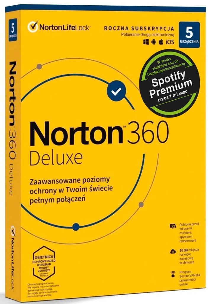 Norton 360 Deluxe PL 5U 1rok + Karta Spotify 20zł