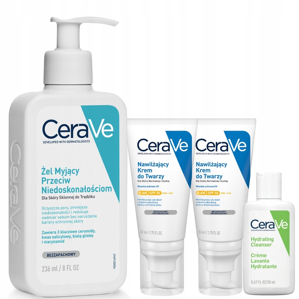 CeraVe Nawilżający Krem do Twarzy SPF50 52ml x2 Żel Myjący 236 ml + GRATIS
